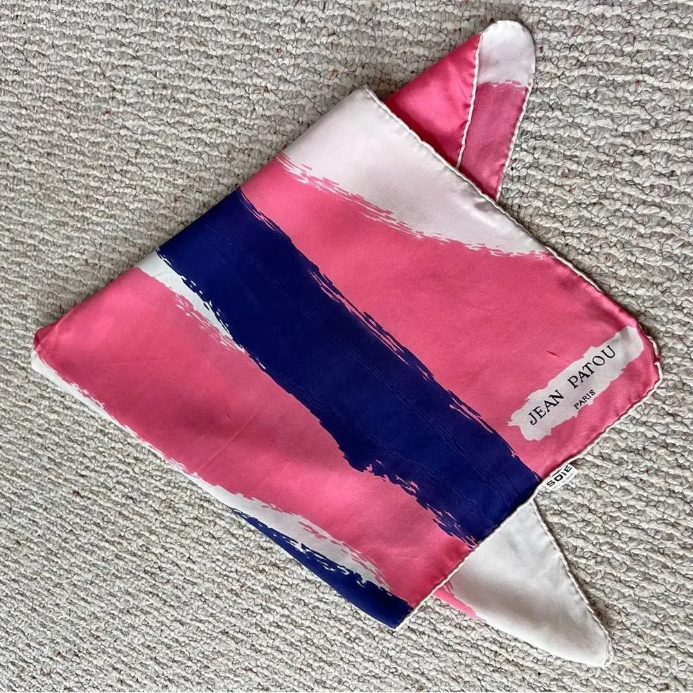Vintage Jean Patou Womens Scarf Silk Watercolor Abstract Pink Multi